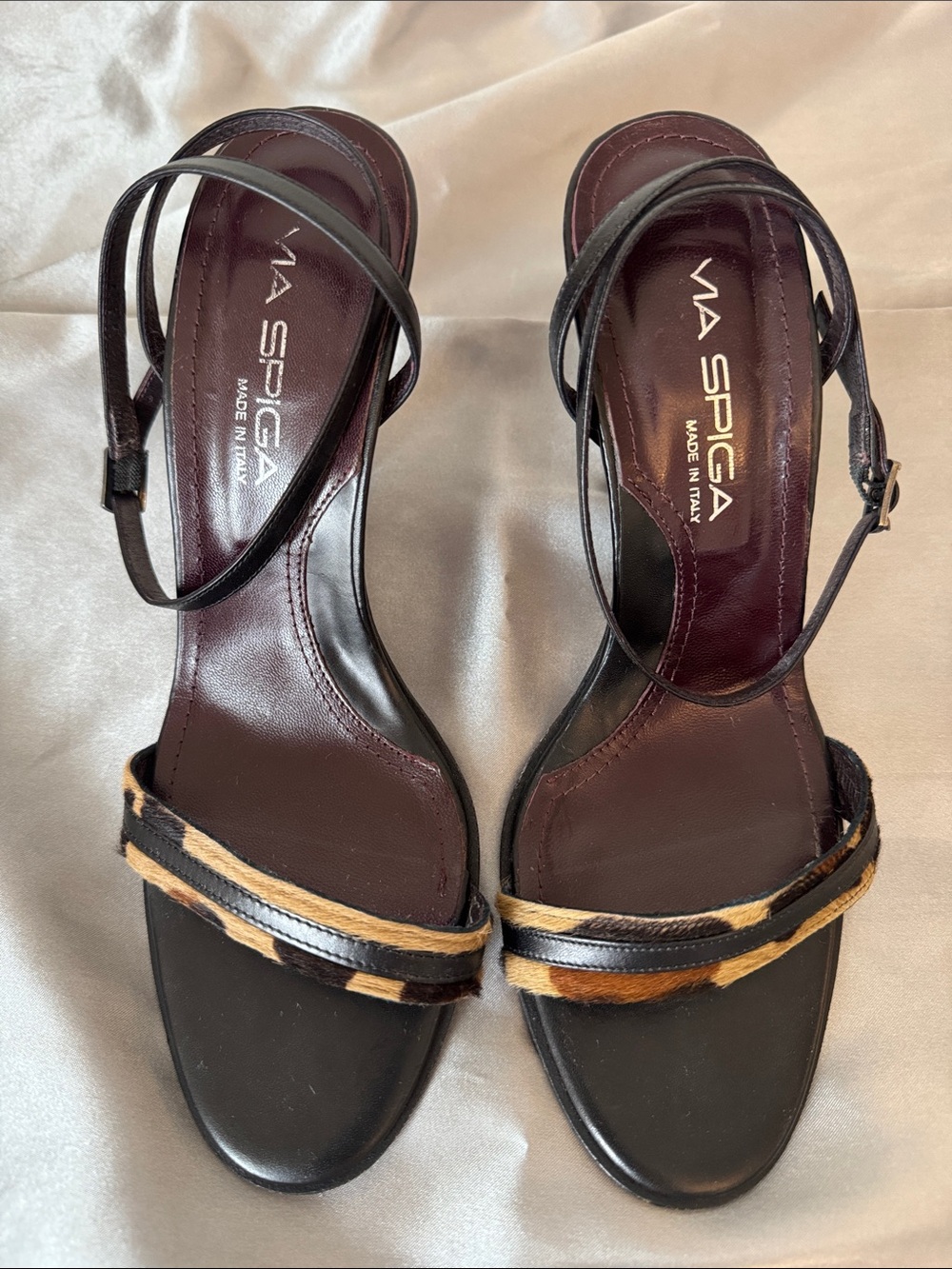 Via Spiga Black Leather Leopard Pony Hair Heeled Strap Sandals